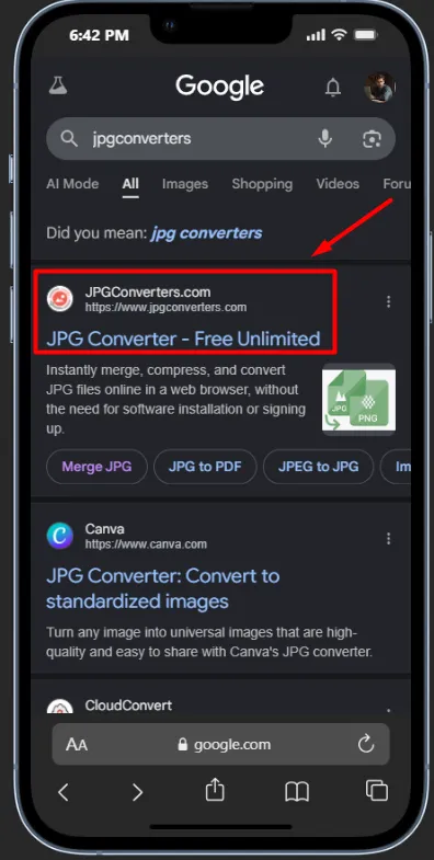 Open JPGConverters.com on iPhone Safari